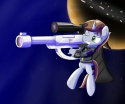 Size: 2000x1667 | Tagged: safe, artist:trackheadtherobopony, oc, oc only, oc:littlepip, pony, robot, unicorn, fallout equestria, gun, megatron, size difference, space, transformers, weapon