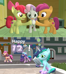 Size: 1920x2160 | Tagged: safe, artist:red4567, apple bloom, izzy moonbow, misty brightdawn, scootaloo, sunny starscout, sweetie belle, earth pony, pegasus, pony, unicorn, mlp fim's twelfth anniversary, g4, g5, 12, 3d, anniversary, book, comic, cutie mark crusaders, g5 to g4, generation leap, happy birthday mlp:fim, reading, source filmmaker
