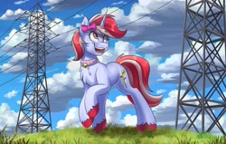 Size: 2048x1303 | Tagged: safe, artist:kaylerustone, oc, oc only, oc:cinnamon lightning, pony, unicorn, bell, bell collar, chest fluff, cloud, collar, eyelashes, female, grass, looking up, macro, mare, power line, smiling, solo