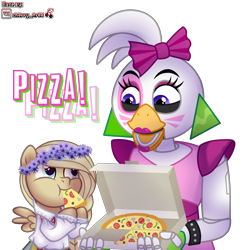 Size: 2000x2050 | Tagged: safe, artist:derek, oc, oc only, oc:cornflower meadow, bird, chicken, pegasus, pony, animatronic, bow, chica, clothes, commission, crossover, duo, ear piercing, earring, eating, eyeshadow, female, fingerless gloves, five nights at freddy's, five nights at freddy's: security breach, floral head wreath, flower, food, glamrock chica, gloves, hair bow, high res, jewelry, lipstick, looking at each other, looking at someone, makeup, mare, open mouth, piercing, pizza, pizza box, shirt, simple background, skirt, spiked wristband, transparent background, wristband, ych result