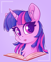 Size: 1234x1515 | Tagged: safe, artist:zeepheru_pone, twilight sparkle, pony, unicorn, g4, blushing, book, cheek fluff, chest fluff, cute, ear fluff, eye clipping through hair, female, looking at you, mare, open mouth, purple background, signature, simple background, solo, sparkly eyes, unicorn twilight, wingding eyes