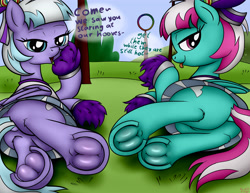Size: 4400x3400 | Tagged: safe, artist:littlenaughtypony, lilac sky, spring step, sunlight spring, pegasus, pony, g4, rainbow falls, :p, butt, cheerleader, cheerleader outfit, clothes, dock, fetish, frog (hoof), hoof fetish, looking at you, looking back, looking back at you, open mouth, plot, plot pair, pom pom, tail, tongue out, underhoof