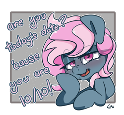 Size: 2072x1912 | Tagged: safe, artist:lou, oc, oc only, oc:juicy dream, earth pony, pony, bedroom eyes, blushing, earth pony oc, eyebrows, eyebrows visible through hair, eyelashes, female, joke, looking at you, mare, open mouth, pun, raised eyebrow, solo