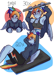 Size: 2039x2893 | Tagged: safe, artist:meliciamelano, rainbow dash, anthro, plantigrade anthro, g4, abdominal, armpits, clothes, exercise, high res, jewelry, mat, numbers, plank, planking, ponytail, pull up, sweat, workout, workout outfit
