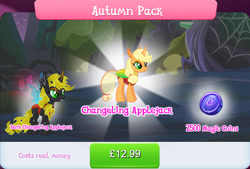 Size: 1271x858 | Tagged: safe, gameloft, applejack, changedling, changeling, g4, my little pony: magic princess, advertisement, appleling, autumn pack, bundle, changelingified, costs real money, english, female, horn, insect wings, magic coins, mushroom, numbers, sale, species swap, text, wings