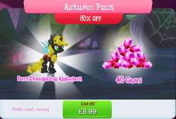Size: 1270x856 | Tagged: safe, gameloft, applejack, changeling, g4, my little pony: magic princess, advertisement, appleling, autumn pack, bundle, changelingified, costs real money, english, female, gem, horn, insect wings, mushroom, numbers, sale, species swap, text, wings