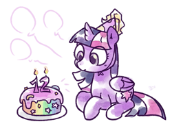 Size: 1225x980 | Tagged: safe, artist:kukie, twilight sparkle, alicorn, pony, mlp fim's twelfth anniversary, g4, anniversary, cake, candle, eyelashes, female, folded wings, food, happy birthday mlp:fim, hat, looking down, lying down, mare, party hat, prone, simple background, sitting, solo, twilight sparkle (alicorn), white background, wings