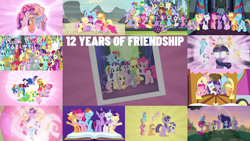 Size: 1978x1113 | Tagged: safe, edit, edited screencap, editor:quoterific, screencap, aloe, amethyst star, apple bloom, applejack, auburn vision, berry blend, berry bliss, berry punch, berryshine, big macintosh, bon bon, bulk biceps, carrot cake, carrot top, cheerilee, cherry berry, citrine spark, clever musings, cloudchaser, daisy, derpy hooves, diamond tiara, dj pon-3, doctor whooves, fire quacker, flitter, flower wishes, fluttershy, gallus, golden harvest, granny smith, huckleberry, lemon hearts, lily, lily valley, linky, lotus blossom, lyra heartstrings, mayor mare, minuette, november rain, ocellus, octavia melody, peppermint goldylinks, pinkie pie, pipsqueak, pokey pierce, pound cake, pumpkin cake, rainbow dash, rarity, roseluck, sandbar, sassaflash, scootaloo, sea swirl, seafoam, shoeshine, silver spoon, silverstream, smolder, snails, snips, sparkler, spike, spring melody, sprinkle medley, starlight glimmer, strawberry scoop, sugar maple, summer breeze, summer meadow, sunshower raindrops, sweetie belle, sweetie drops, thunderlane, time turner, twilight sparkle, twinkleshine, twist, vinyl scratch, yona, alicorn, changeling, dragon, earth pony, griffon, hippogriff, pegasus, pony, unicorn, yak, mlp fim's twelfth anniversary, a hearth's warming tail, fame and misfortune, friendship is magic, g4, magical mystery cure, school daze, season 1, season 2, season 3, season 4, season 5, season 6, season 7, season 8, season 9, the beginning of the end, the best night ever, the crystal empire, the cutie map, the cutie re-mark, the last problem, the return of harmony, twilight's kingdom, 12 years of pony, anniversary, big crown thingy, book, clothes, cupcake, cutie mark crusaders, dress, element of generosity, element of honesty, element of kindness, element of laughter, element of loyalty, element of magic, elements of harmony, eyes closed, female, filly, flower trio, foal, food, friendship express, friendship student, gala dress, gigachad spike, happy birthday mlp:fim, jewelry, locomotive, male, mane eight, mane seven, mane six, mare, older, older applejack, older fluttershy, older mane seven, older mane six, older pinkie pie, older rainbow dash, older rarity, older spike, older twilight, older twilight sparkle (alicorn), open mouth, princess twilight 2.0, regalia, school of friendship, singing, stallion, steam locomotive, student six, train, twilight sparkle (alicorn), unicorn twilight, wall of tags