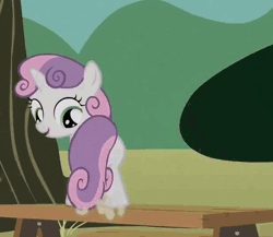 Size: 618x536 | Tagged: safe, screencap, sweetie belle, pony, unicorn, g4, the show stoppers, animated, blank flank, butt, butt shake, cute, diasweetes, dirt, dust particles, dusting, female, filly, foal, i watch it for the plot, open mouth, picnic table, plot, prehensile tail, singing, smiling, solo, sweepy belle, sweetie butt, table, tail, tail whip, tree