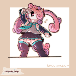 Size: 1200x1200 | Tagged: safe, artist:cold-blooded-twilight, sweetie belle, unicorn, semi-anthro, g4, anime, arm hooves, blushing, clothes, cosplay, costume, detached sleeves, eyes closed, featureless crotch, female, filly, foal, hatsune miku, latex, latex socks, leggings, microphone, necktie, open mouth, pigtails, skirt, sleeveless, socks, solo, sweat, sweatdrops, twintails, upskirt, vocaloid