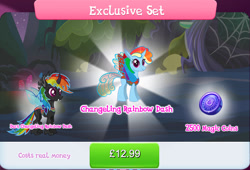 Size: 1272x864 | Tagged: safe, gameloft, rainbow dash, changedling, changeling, g4, my little pony: magic princess, bundle, changelingified, costs real money, dashling, english, female, horn, insect wings, magic coins, mushroom, numbers, sale, species swap, text, wings