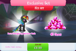 Size: 1268x858 | Tagged: safe, gameloft, rainbow dash, changeling, g4, my little pony: magic princess, bundle, changelingified, costs real money, dashling, english, exclusive set, female, gem, horn, insect wings, mushroom, numbers, sale, species swap, text, wings