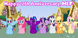 Size: 5985x2936 | Tagged: safe, artist:btnf1998, applejack, fluttershy, pinkie pie, rainbow dash, rarity, twilight sparkle, oc, alicorn, earth pony, pegasus, pony, unicorn, mlp fim's twelfth anniversary, g4, anniversary, applejack's hat, cowboy hat, happy birthday mlp:fim, hat, mane six, ponysona, twilight sparkle (alicorn), wings