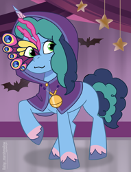 Size: 2919x3814 | Tagged: safe, artist:daisy_marshmallow, misty brightdawn, pony, unicorn, g5, my little pony: tell your tale, nightmare night party, spoiler:g5, spoiler:my little pony: tell your tale, spoiler:tyts01e30, clothes, costume, high res, jewelry, medallion, mischievous, necklace, nightmare night costume, show accurate, solo, tell your tale accurate