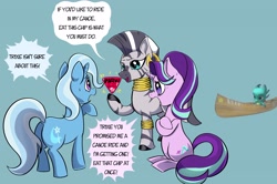 Size: 3000x1991 | Tagged: safe, artist:swagstapiece, sparky sparkeroni, starlight glimmer, trixie, zecora, dragon, pony, unicorn, zebra, g4, g5, my little pony: make your mark, baby, baby dragon, blue background, butt, canoe, crossed hooves, dialogue, female, mare, plot, roblox, simple background, speech bubble, style clash, the great and powerful ass, this will not end well