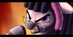 Size: 2849x1470 | Tagged: safe, artist:whiskeypanda, oc, oc:dizzy, pony, zebra, abstract background, angry, dreadlocks, fire, glasses, jewelry, looking at you, palindrome get, raffle prize, rage, raised hoof, solo, zebra oc