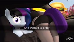 Size: 3840x2160 | Tagged: safe, alternate version, artist:kenaga, oc, oc:maple cake, oc:nikky, earth pony, anthro, plantigrade anthro, 3d, ass, breasts, butt, car, car interior, clothes, he wants to order, high res, looking at you, meme, midriff, pinpoint eyes, ponified meme, selfie, short shirt, shorts, source filmmaker, sweater