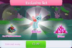 Size: 1270x857 | Tagged: safe, gameloft, ocellus, changedling, changeling, g4, my little pony: magic princess, book, bundle, bush, costs real money, english, exclusive set, female, gem, horn, hourglass, insect wings, key, key of unfettered entrance, moss, numbers, pillow, sale, text, wings