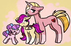 Size: 1906x1240 | Tagged: safe, artist:faerienougat, oc, oc only, oc:fairy floss, oc:fairy slipper, oc:rose rebound, pegasus, pony, unicorn, bow, female, filly, foal, hair bow, mare, mother and child, mother and daughter, ponytail, tail, tail bow, trio