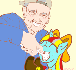 Size: 2310x2147 | Tagged: safe, oc, oc:terri softmare, human, ^^, cream, cute, eyes closed, food, high res, smiling, templeos, terry a davis, that is one happy horse, wat, whipped cream