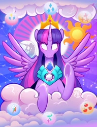 Size: 917x1200 | Tagged: safe, artist:lilpinkghost, twilight sparkle, alicorn, pony, mlp fim's twelfth anniversary, g5, spoiler:g5, anniversary, blank eyes, cloud, crown, crystal, cutie mark, earth pony crystal, glowing, glowing eyes, happy birthday mlp:fim, jewelry, mare in the moon, moon, pegasus crystal, regalia, solo, sun, twilight sparkle (alicorn), underhoof, unicorn crystal, unity crystals
