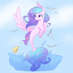 Size: 1080x1080 | Tagged: safe, artist:pencil_draw_indo, oc, oc:angela, bird, fish, pegasus, pony, seagull, seapony (g4), blue mane, blue tail, cute, digital art, dorsal fin, female, fish tail, flowing mane, flowing tail, mare, ocean, seaponified, sky, smiling, solo, species swap, spread wings, tail, water, wings