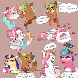 Size: 1280x1280 | Tagged: safe, artist:primrosepaper, hitch trailblazer, pipp petals, sunny starscout, zipp storm, oc, unnamed oc, earth pony, pegasus, pony, g5, alternate color palette, annoyed, baby, baby pony, beige background, boop, cellphone, drink, female, floating heart, g5 oc, heart, hoof hold, male, mare, noseboop, not cozy glow, offspring, parent:hitch trailblazer, parent:pipp petals, parents:pitch, phone, pillow, selfie, ship:pitch, shipping, simple background, smartphone, smoothie, stallion, straight