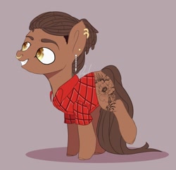 Size: 1384x1340 | Tagged: safe, artist:avi, oc, oc:артем (avi), earth pony, pony, base used, clothes, dreadlocks, hazel eyes, piercing, shirt, signature, simple background, simple shading, solo, tattoo