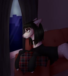 Size: 1928x2160 | Tagged: safe, artist:avi, oc, pony, choker, clothes, curtains, eyeshadow, lidded eyes, looking out the window, makeup, signature, solo, sweater, window