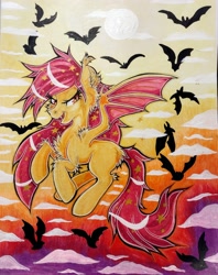 Size: 2656x3359 | Tagged: safe, artist:annuthecatgirl, fluttershy, bat pony, pony, g4, bat ponified, flutterbat, high res, mixed media, race swap, solo, traditional art