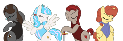 Size: 7007x2364 | Tagged: safe, artist:mrvector, oc, oc:fair devotion, oc:lawkeeper equity, oc:sonata, oc:sugar stamp, earth pony, pegasus, pony, unicorn, elements of justice, turnabout storm, absurd resolution, bipedal, clothes, eyes closed, female, frown, mare, one-piece swimsuit, simple background, smiling, solo, spread wings, swimsuit, sword, transparent background, vector, weapon, wings