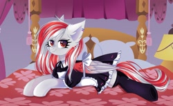 Size: 1202x741 | Tagged: safe, artist:freyamilk, oc, oc only, oc:skyshard melody, pegasus, pony, bed, bedroom, clothes, commission, cute, ear piercing, female, folded wings, lying down, lying on bed, maid, maid headdress, mare, on bed, pegasus oc, piercing, red eyes, serious, serious face, solo, stockings, tail, thigh highs, unamused, white fur, wings, ych result
