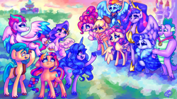 Size: 4300x2400 | Tagged: safe, artist:mannybcadavera, applejack, fluttershy, hitch trailblazer, izzy moonbow, pinkie pie, pipp petals, rainbow dash, rarity, spike, sunny starscout, twilight sparkle, zipp storm, alicorn, dragon, earth pony, pegasus, pony, unicorn, mlp fim's twelfth anniversary, friendship is magic, g5, my little pony: a new generation, the last problem, canterlot castle, castle, cloak, clothes, coat markings, crown, crystal brighthouse, digital art, female, gigachad spike, group, happy birthday mlp:fim, hoof shoes, jewelry, looking at each other, looking at someone, male, mane five (g5), mane seven, mane six, mare, microphone, older, older applejack, older fluttershy, older mane seven, older mane six, older pinkie pie, older rainbow dash, older rarity, older spike, older twilight, open mouth, open smile, peytral, princess twilight 2.0, regalia, smiling, socks (coat markings), twilight sparkle (alicorn), unshorn fetlocks