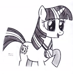 Size: 2482x2503 | Tagged: safe, artist:drchrisman, twilight sparkle, pony, unicorn, g4, high res, medal, monochrome, raised hoof, solo, unicorn twilight