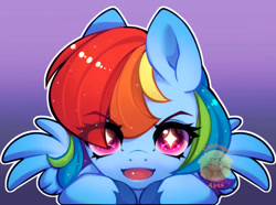 Size: 800x595 | Tagged: safe, artist:cabbage-arts, rainbow dash, pegasus, pony, g4, blushing, bust, colored hooves, cute, dashabetes, eye clipping through hair, eyebrows, eyebrows visible through hair, female, gradient background, looking at you, mare, open mouth, portrait, shiny mane, solo, starry eyes, unshorn fetlocks, wingding eyes