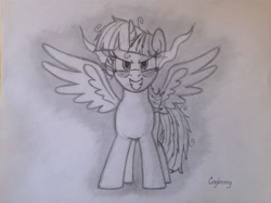Size: 2592x1936 | Tagged: safe, artist:thebrokencog, twilight sparkle, alicorn, pony, g4, corrupted, corrupted twilight sparkle, dark magic, evil, evil smile, evil twilight, grin, magic, monochrome, smiling, solo, sombra eyes, traditional art, twilight is anakin, twilight sparkle (alicorn)