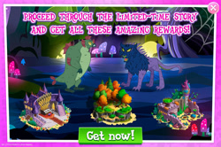 Size: 1958x1301 | Tagged: safe, gameloft, idw, harry, bear, chupacabra, g4, my little pony: magic princess, bush, clothes, costume, english, harry the swamp monster, idw showified, limited-time story, mushroom, musical instrument, nightmare night costume, organ, swamp monster, text, tree