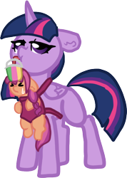 Size: 462x649 | Tagged: safe, artist:nootaz, sunny starscout, twilight sparkle, alicorn, earth pony, pony, mlp fim's twelfth anniversary, g5, ><, baby carrier, carrying, drinking, duo, eyes closed, female, filly, filly sunny starscout, foal, happy birthday mlp:fim, mama twilight, simple background, sunny and her heroine, sweat, transparent background, twilight sparkle (alicorn), younger