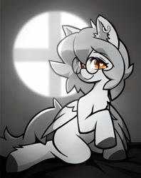 Size: 1920x2426 | Tagged: safe, artist:saikoot, derpibooru exclusive, oc, oc only, oc:blinkcore, pegasus, pony, bed, ear fluff, ear piercing, folded wings, glasses, heart, heart eyes, hooves, looking at you, male, monochrome, orange eyes, piercing, raised hoof, round glasses, short hair, sitting, smiling, solo, tail, window, wingding eyes, wings
