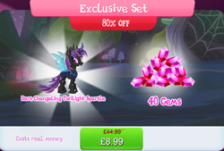 Size: 1262x854 | Tagged: safe, gameloft, twilight sparkle, changeling, g4, my little pony: magic princess, bundle, changelingified, costs real money, english, exclusive set, female, gem, horn, insect wings, mushroom, numbers, sale, species swap, text, twiling, wings