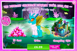 Size: 1956x1293 | Tagged: safe, gameloft, idw, urtica, changedling, changeling, g4, my little pony: magic princess, advertisement, costs real money, english, female, gem, horn, insect wings, introduction card, moss, numbers, present, sale, solo, text, wings