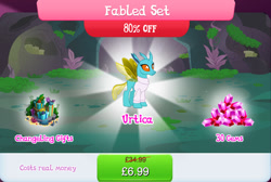 Size: 1270x852 | Tagged: safe, gameloft, idw, urtica, changedling, changeling, g4, my little pony: magic princess, bundle, costs real money, english, fabled set, female, gem, horn, insect wings, moss, numbers, present, sale, solo, text, wings