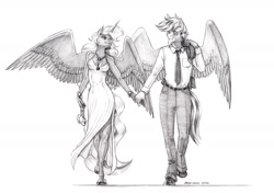 Size: 1600x1127 | Tagged: safe, artist:baron engel, princess luna, oc, oc:marshall, alicorn, pegasus, anthro, unguligrade anthro, g4, breasts, busty princess luna, canon x oc, cleavage, female, holding hands, male, mare, monochrome, pencil drawing, shipping, stallion, straight, traditional art