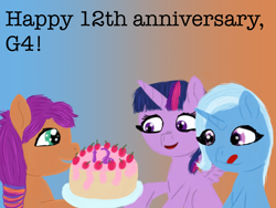 Size: 2048x1536 | Tagged: safe, artist:php176, derpibooru exclusive, sunny starscout, trixie, twilight sparkle, alicorn, earth pony, pony, unicorn, mlp fim's twelfth anniversary, g5, anniversary, cake, cherry, cute, excited, female, food, frosting, gradient background, happy, happy birthday mlp:fim, impressed, licking, licking lips, lineless, mare, smiling, sparkly eyes, tongue out, trio, twilight sparkle (alicorn), wingding eyes