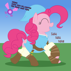 Size: 2500x2500 | Tagged: safe, artist:legendoflink, pinkie pie, earth pony, fairy, pony, g4, angry, clothes, costume, cross-popping veins, dialogue, emanata, female, gloves, high res, mare, navi, open mouth, pinktober, simple background, smiling, socks, solo, the legend of zelda, walking