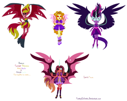 Size: 2160x1720 | Tagged: safe, artist:prettycelestia, adagio dazzle, sci-twi, sunset shimmer, twilight sparkle, oc, oc:lamia tsura, equestria girls, g4, disguise, disguised siren, fin wings, fins, fusion, fusion:adagio dazzle, fusion:midnight sparkle, fusion:sci-twi, fusion:sunsagilight, fusion:sunset satan, fusion:sunset shimmer, fusion:twilight sparkle, gem, glowing, glowing horn, horn, midnight sparkle, multiple arms, ponied up, red eyes, simple background, siren gem, sunset satan, white background, wings