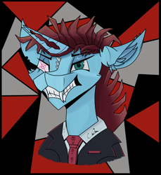 Size: 2843x3102 | Tagged: safe, artist:coda, oc, oc only, oc:coda, pony, unicorn, abstract background, clothes, edgy, fangs, high res, necktie, solo, suit