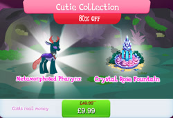Size: 1263x857 | Tagged: safe, gameloft, pharynx, changedling, changeling, g4, my little pony: magic princess, bundle, costs real money, crystal, cutie collection, english, fountain, horn, horns, male, moss, numbers, prince pharynx, sale, solo, text