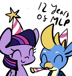 Size: 1420x1496 | Tagged: safe, artist:derp pone, gallus, twilight sparkle, alicorn, griffon, pony, mlp fim's twelfth anniversary, g4, ^^, anniversary, cute, duo, eyes closed, gallabetes, happy, happy birthday mlp:fim, hat, party hat, party horn, simple background, smiling, twiabetes, twilight sparkle (alicorn), white background
