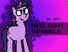 Size: 232x180 | Tagged: safe, artist:pokehidden, twilight sparkle, pony, unicorn, banned from equestria daily, g4, abstract background, female, game, mare, needs more jpeg, op is a slowpoke, pixelated, smiling, solo, text, unicorn twilight, ya got